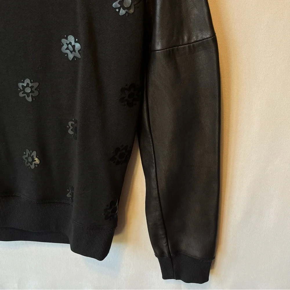 Rag and Bone Lamb leather sweatshirt XXS Black Flowers Womens Crewneck Pullover - Picture 5 of 9